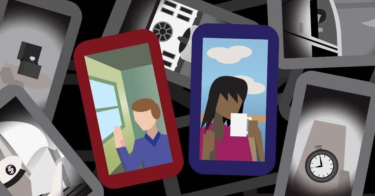 an illustration depicting colorful phones of people living amongst a bunch of grey phones.