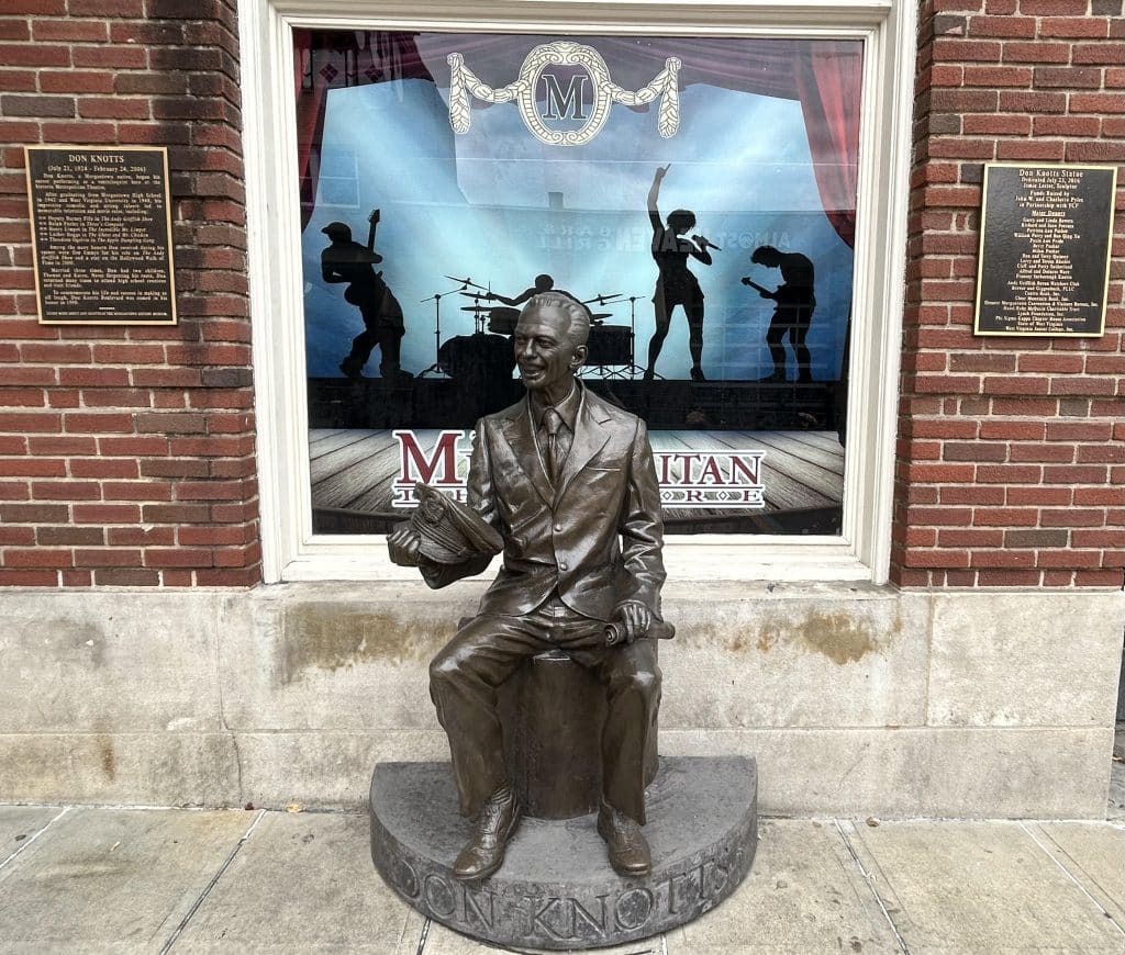 In front of the Metropolitan Theatre, a statue of Don Knots is sitting in front of the window in this college town.