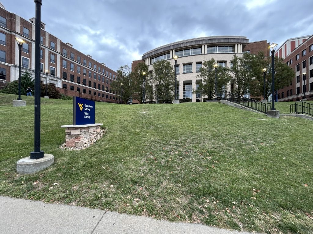 West Virginia University’s downtown library on a cloudy day.