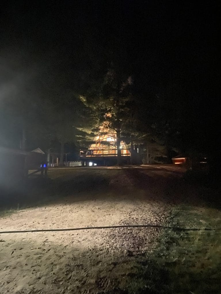 Cabin at a summer camp at night in Wisconsin.