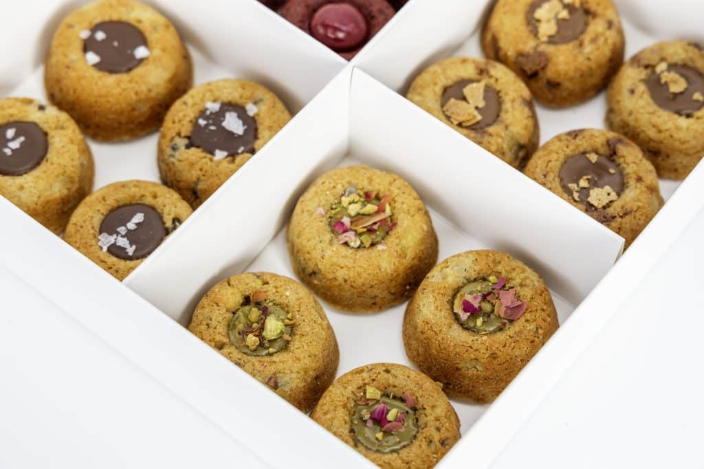 MOD Dessert press archive photo of pistachio and rose, original, and pralinello mini MODs.