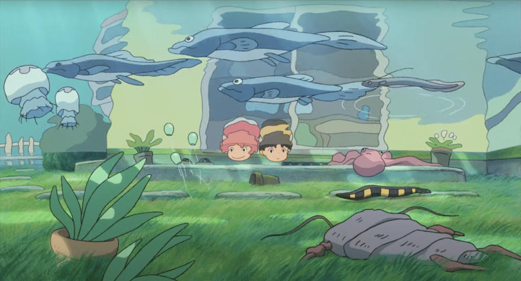 2 children look into the ocean to see fish, jellyfish, an octopus, and crustaceans.