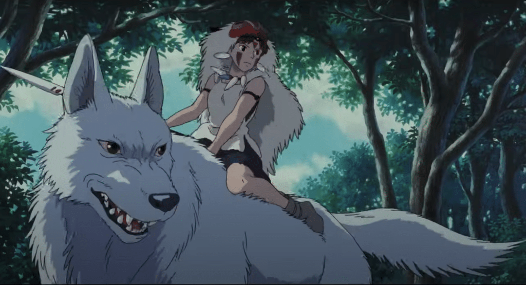 Girl carrying spear rides on a wolf