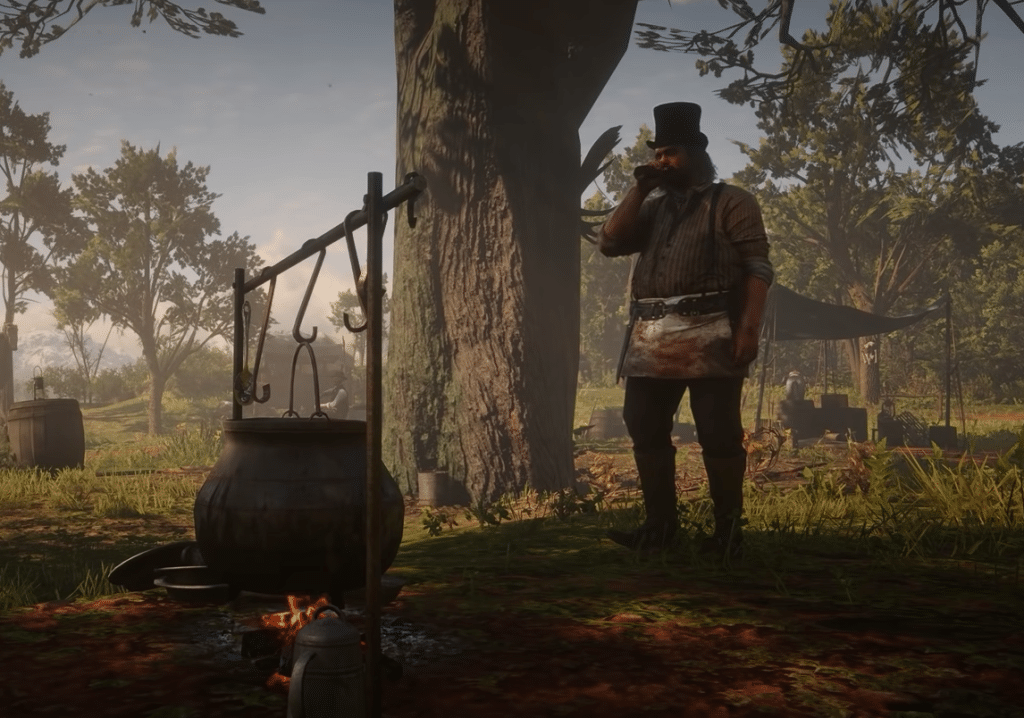 A character from Red Dead Redemption 2 cooks one of game's foods.