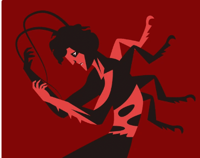 A man transforming into an insect with a red and black color scheme