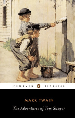 The Adventures of Tom Sawyer book cover, with two boys painting a fence