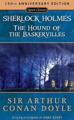 Sherlock Holmes: The Hound of the Baskervilles book cover, with a house in the woods and a blue color scheme