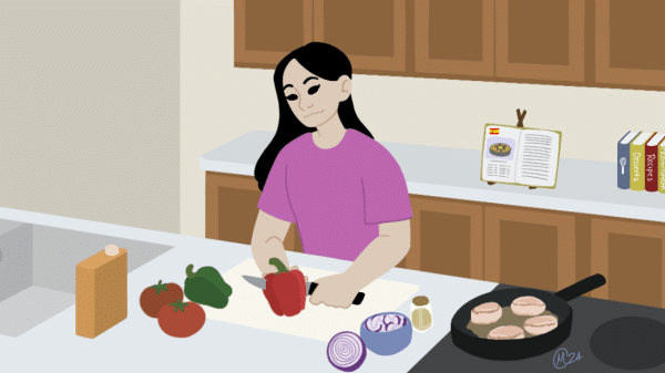 Female student cooking with many ingredients, trying Mediterranean meals