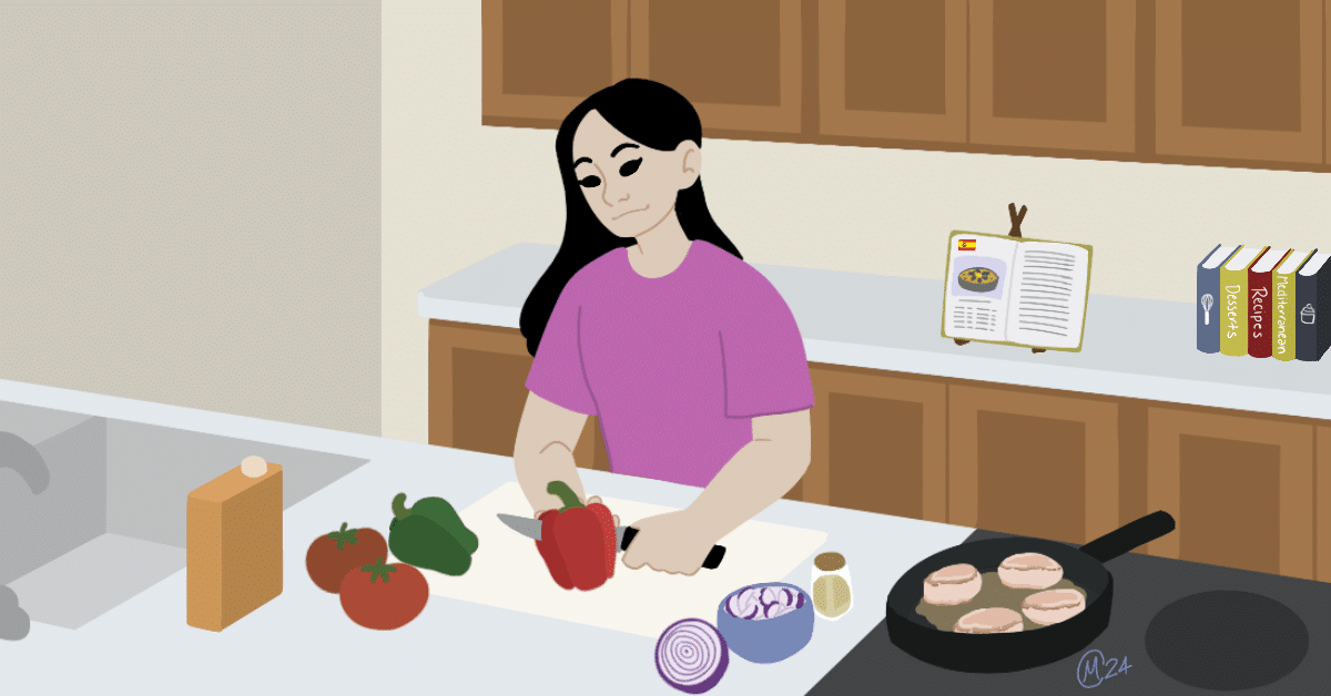 Female student cooking with many ingredients, trying Mediterranean meals