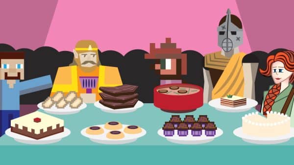 Various characters from gaming and some good food.