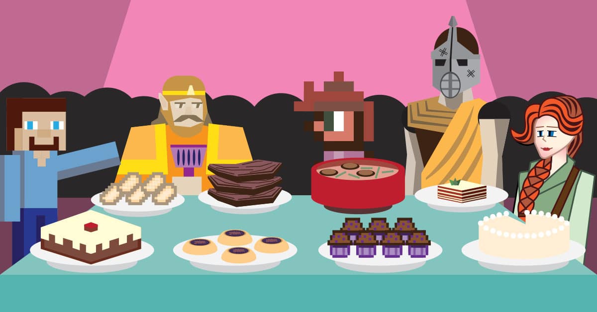 Various characters from gaming and some good food.