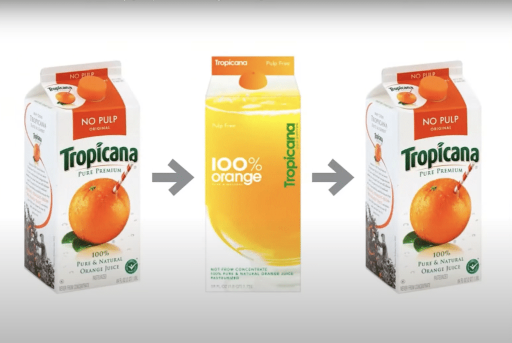 Three orange juice containers. The left has the original design with an orange on the front, the middle is the changed version with an image of orange juice, the last image is the same as the first.