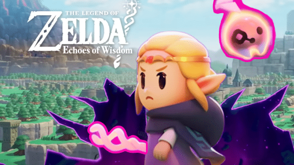 Princess Zelda looking angry on top of a background of Hyrule in Echoes of Wisdom