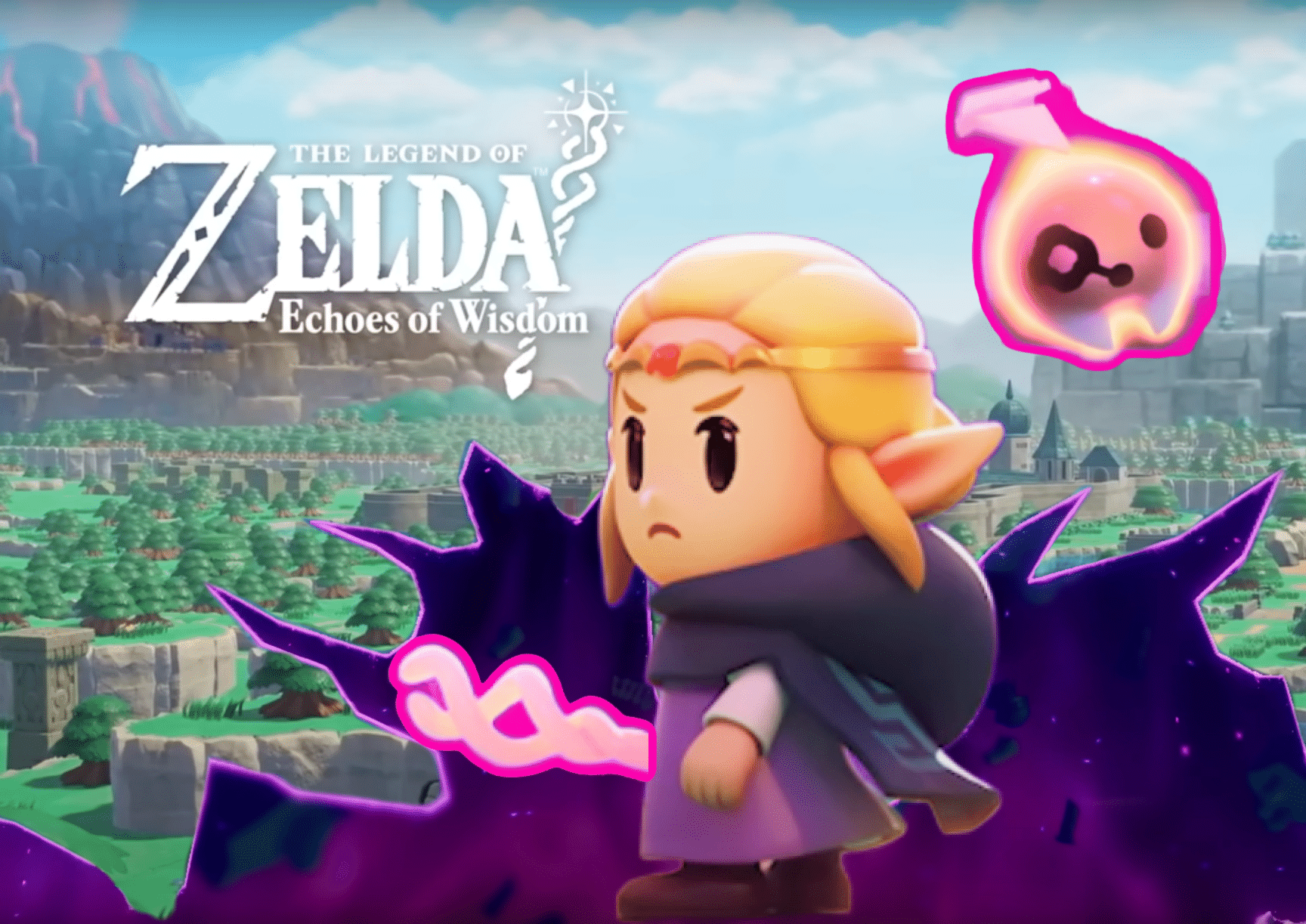Princess Zelda looking angry on top of a background of Hyrule in Echoes of Wisdom