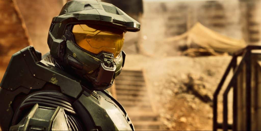 Master Chief in Halo wears a green battle suit with a yellow visor. Game