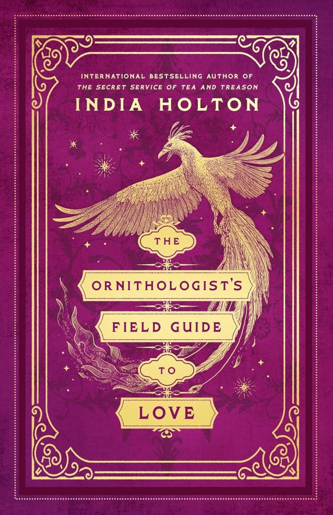 book cover: bright violet background with elaborate gold gilded edging. in the centre of the cover is a golden phoenix (a large bird with long tail feathers) the title is separated into different golden banners for each word - the are one on top of each other down the centre of the page