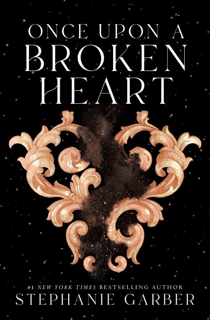 book cover: a black starry background with William Morris style rose gold leaves shaped into a heart that is darkened at the centre. Above the heart is the title in big white writing and below the heart is the authors name