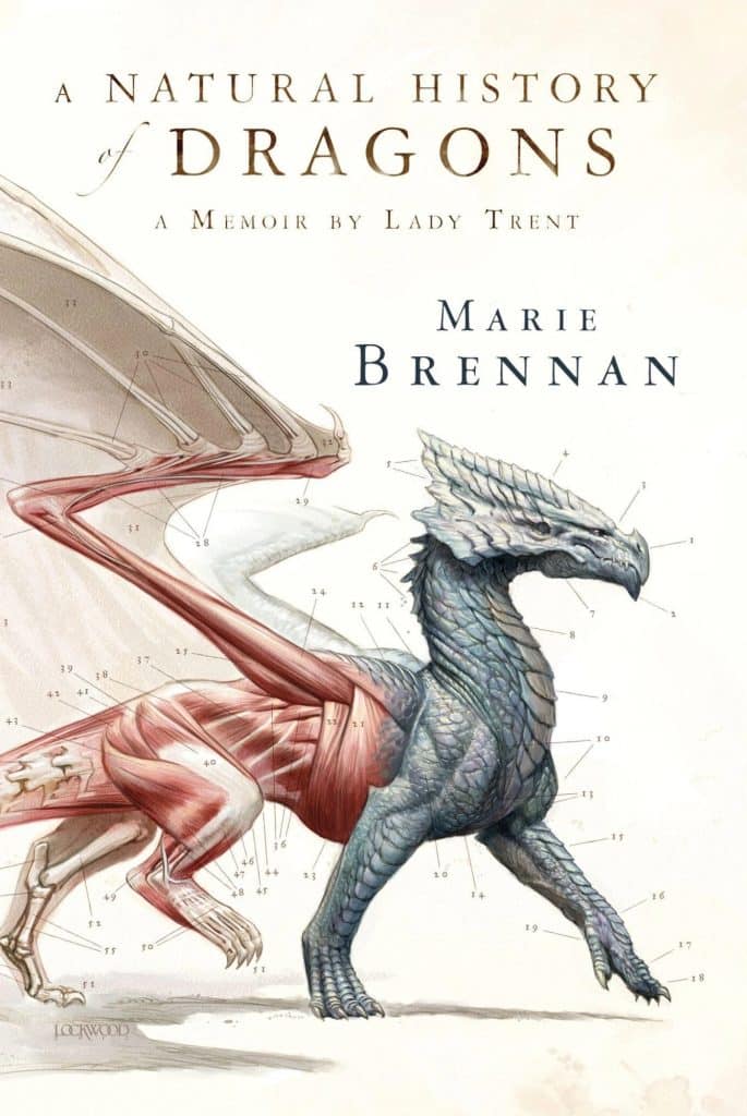 book cover: light beige background to look like old paper with an illustration of a walking dragon emerging from the left side of the cover. the dragons wings, back legs and midriff is illustrated to show the muscles and bones of the dragon, the forearms (legs?) and neck and head of the dragon have blue-grey scales - the illustration has tiny lines coming off it with words and numbers to label the different parts of the dragon