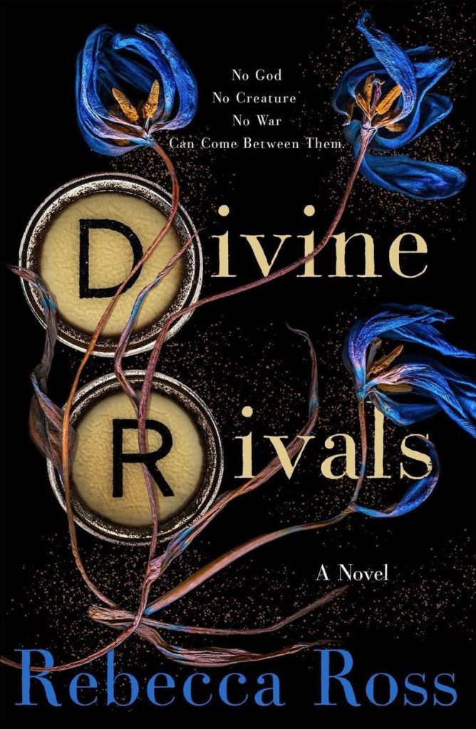 book cover: black background with blue peacock feathers scattered on the cover. The D and R of divine rivals is made to look like typewriter keys