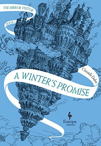 book cover: blue sky with illustration of clouds and a floating city with a pointed bottom. the title and authors name is in a swooping white banner that weaves in and out of the clouds and floating city