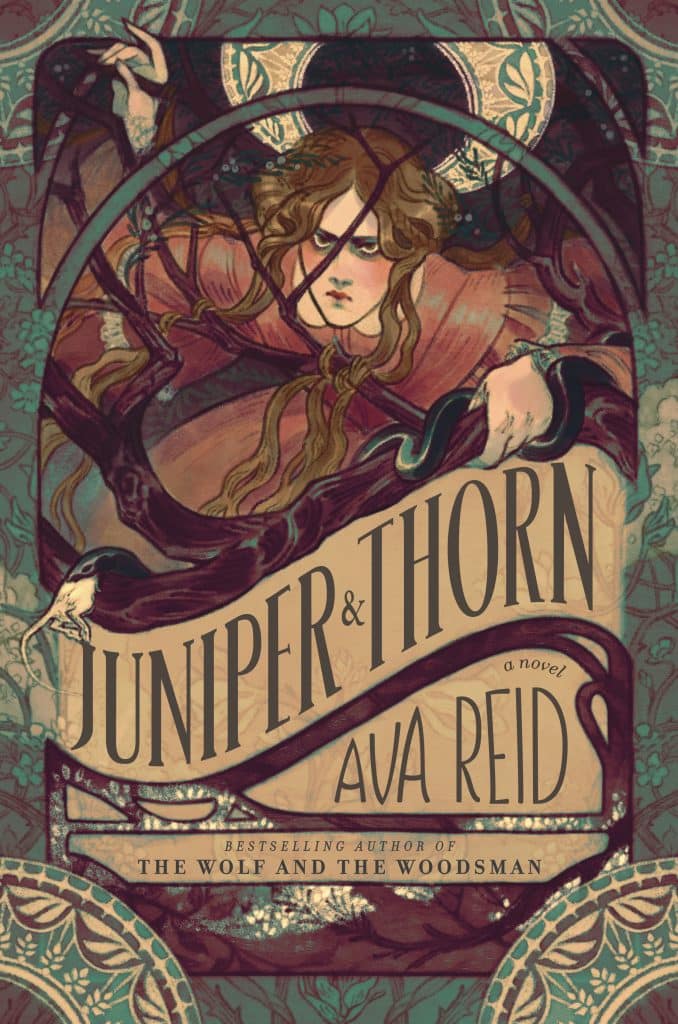 book cover: illustration style. border is a turquoise window pane that is looking in on a girl crawling through thorns towards the reader. there is a snaked gripped tightly in her right hand and her face is furious. the title and authors name is printed on a light brown banner stretching and curving from one side of the book to the other