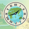 Illustration of the Earth inside a clock. The background is split into two sides, one representing a green Earth, and the other representing a barren Earth and the effects of climate change.