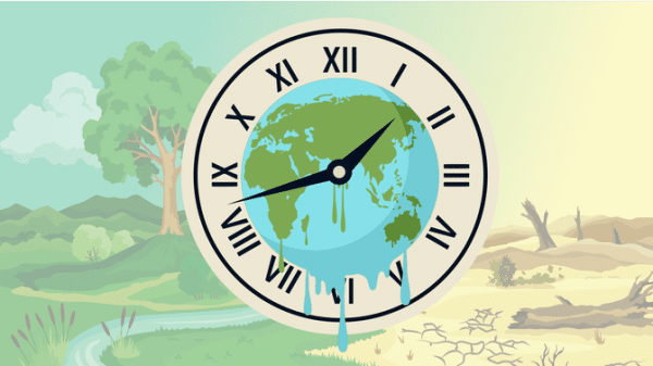Illustration of the Earth inside a clock. The background is split into two sides, one representing a green Earth, and the other representing a barren Earth and the effects of climate change.