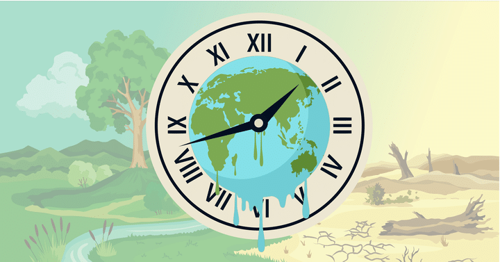 Illustration of the Earth inside a clock. The background is split into two sides, one representing a green Earth, and the other representing a barren Earth and the effects of climate change.