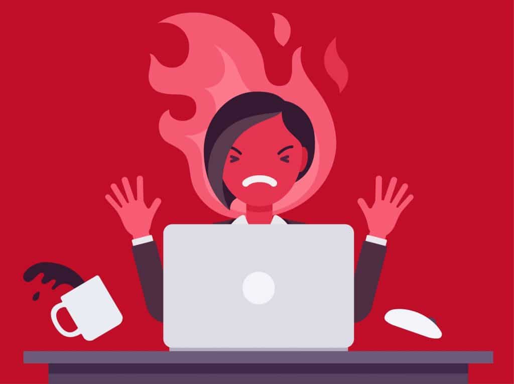 Illustration of a businesswoman flamed in anger as she works on her laptop.