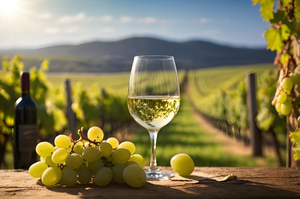 A glass of white wine sits on a table with a bunch of grapes, a vineyard is in the background.