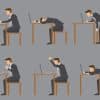 Six graphics of a man wearing a suit working at a desk on a grey background.