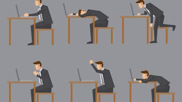 Six graphics of a man wearing a suit working at a desk on a grey background.