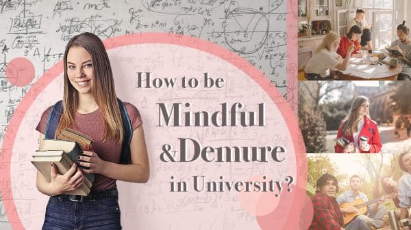 Collage of college students doing demure activities with words reading "how to be mindful and demure at univeristy"