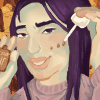 Girl putting on foundation with a sweater on. She is surrounded by autumn leaves.