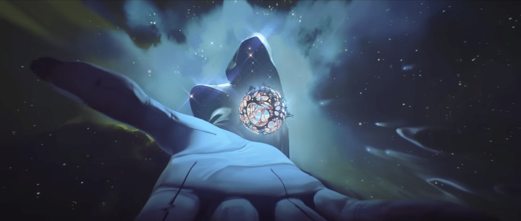 A giant cloaked figure holds a rainbow orb in their outstretched hand.