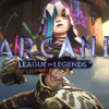 Images of a girl sitting against a wall of graffiti and girl ready to attack with gauntlets sit behind the Arcane logo.