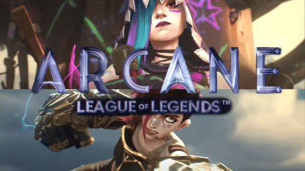 Images of a girl sitting against a wall of graffiti and girl ready to attack with gauntlets sit behind the Arcane logo.