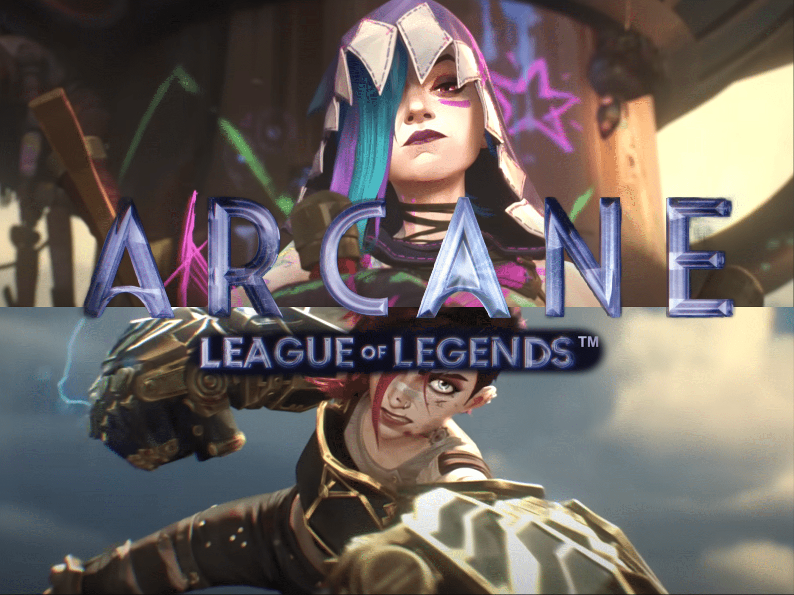 Images of a girl sitting against a wall of graffiti and girl ready to attack with gauntlets sit behind the Arcane logo.