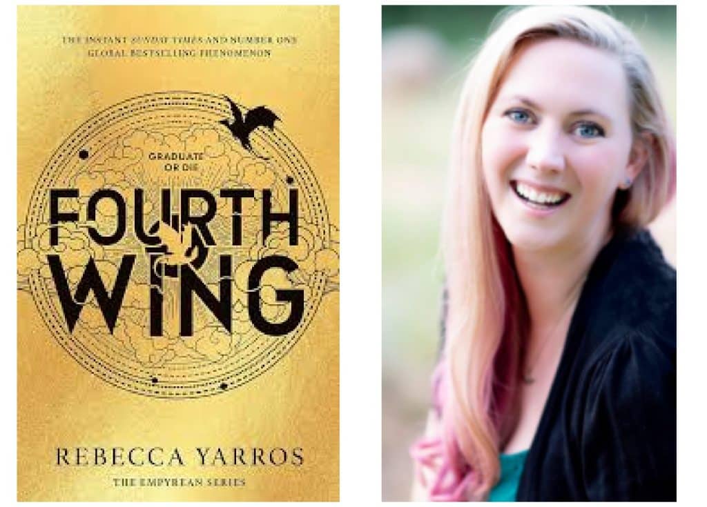 Cover of Fourth Wing and picture of Rebecca Yarros