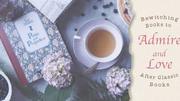 photo of table from Birds Eye view. The table has a lilac cloth on the surface and has small dark berries scattered on the top. Also on the table is a purple cup and saucer filled with tea, purple heads of hydrangea flowers, a copy of Pride and Prejudice, and some green leaves. Next to the table is a vertical beige banner with the articles title written in brown and pink font
