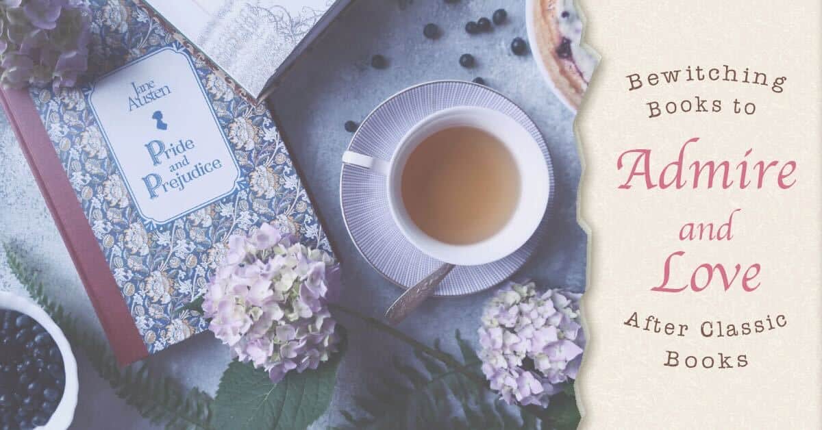 photo of table from Birds Eye view. The table has a lilac cloth on the surface and has small dark berries scattered on the top. Also on the table is a purple cup and saucer filled with tea, purple heads of hydrangea flowers, a copy of Pride and Prejudice, and some green leaves. Next to the table is a vertical beige banner with the articles title written in brown and pink font