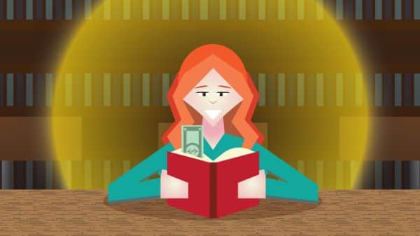 photo of an animated girl reading a red book with money coming out of it