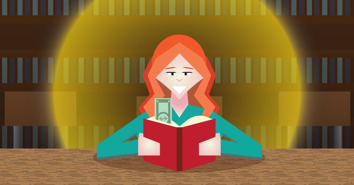 photo of an animated girl reading a red book with money coming out of it