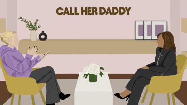 Illustration of Kamala Harris on Call Her Daddy podcast