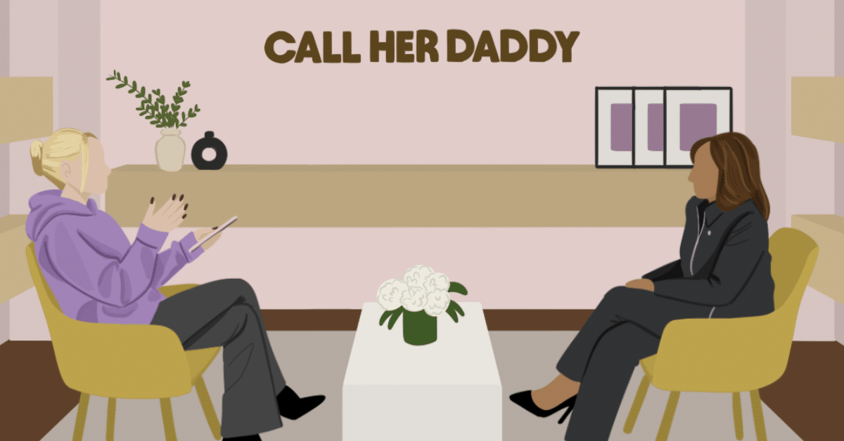 Illustration of Kamala Harris on Call Her Daddy podcast