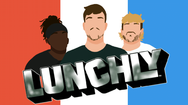 KSI, MrBeast, and Logan Paul silhouettes behind the Lunchly logo.