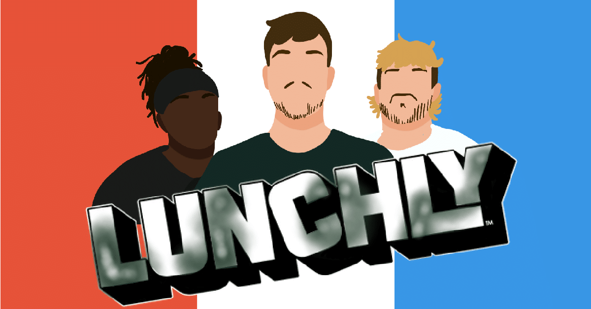 KSI, MrBeast, and Logan Paul silhouettes behind the Lunchly logo.