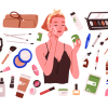 A woman applying makeup and self care products.