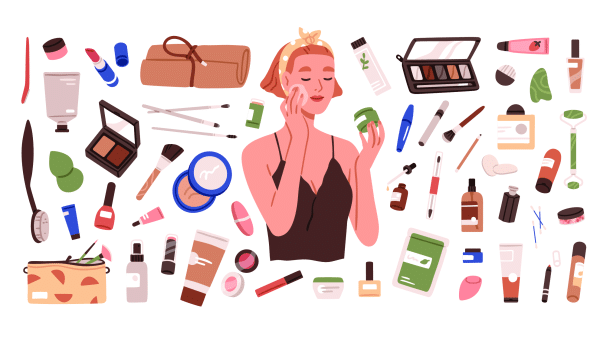 A woman applying makeup and self care products.