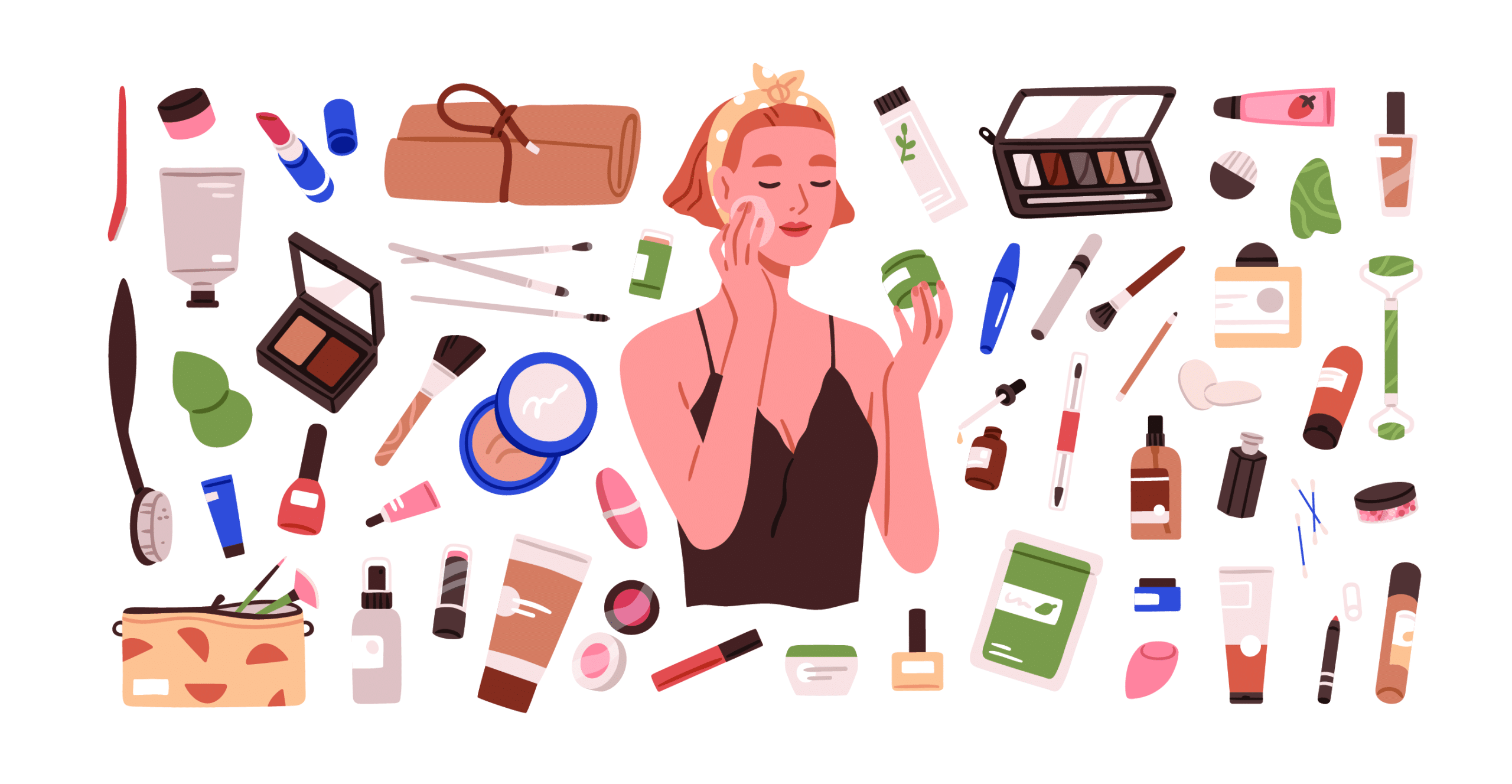 A woman applying makeup and self care products.